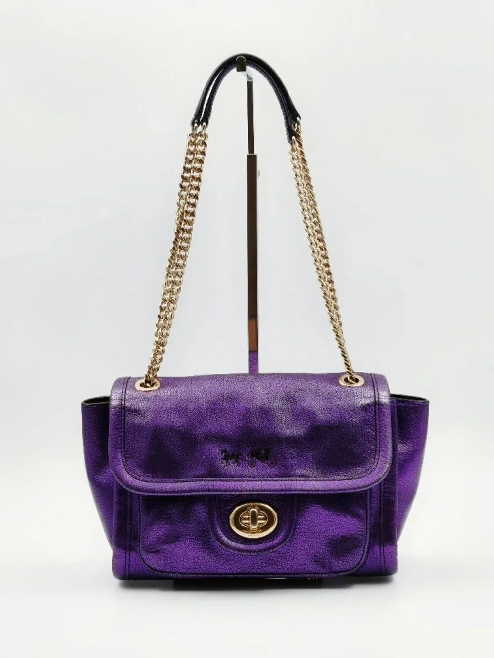 Coach Metallic Purple Leather Chain Shoulder Crossbody Bag Gold Hardware
